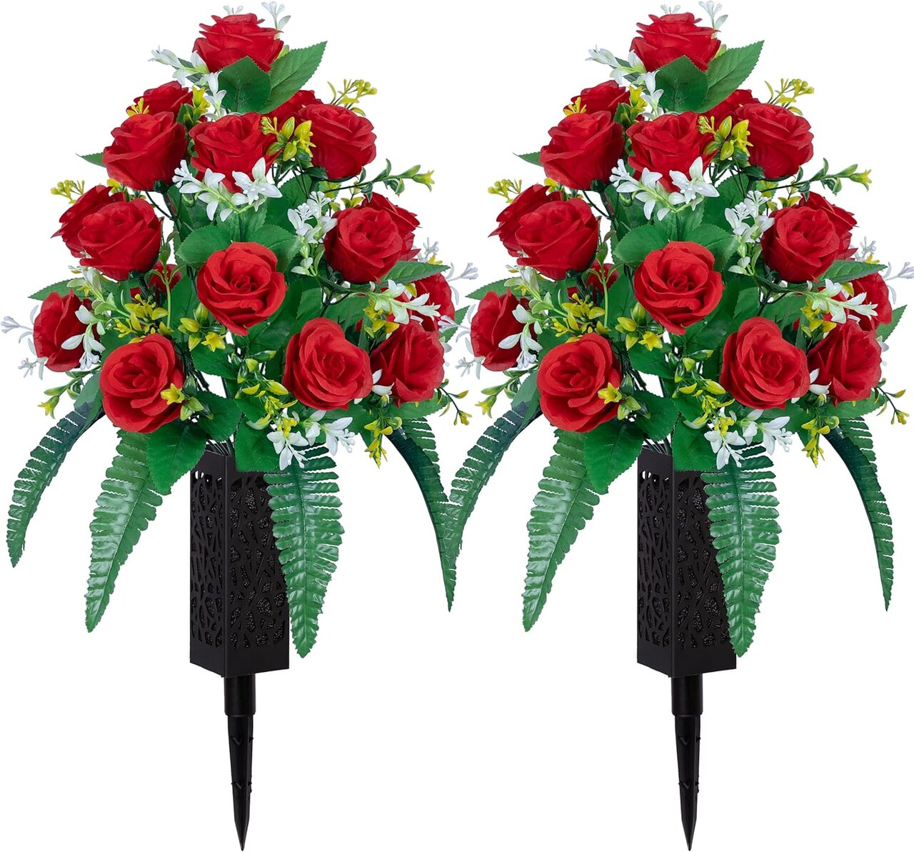 Artificial Cemetery & Memorial Flowers with Vase – Red Silk Rose Gravesite Bouquets, Outdoor Headstone Decoration, Long-Lasting Memorial Arrangement (2 Sets, 18 Heads)